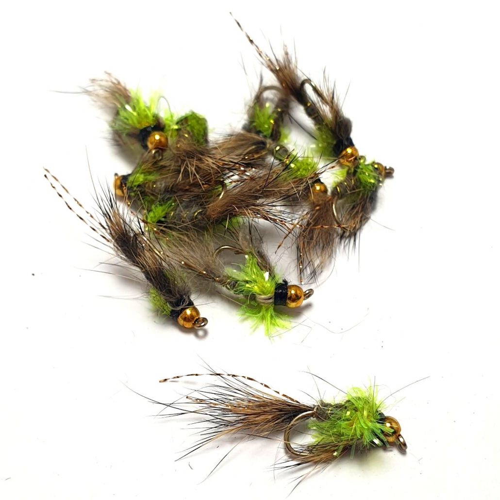 Trout Flies Lures 6 Pack Black Double Bead Lime Fritz Size 10 Fly Fishing